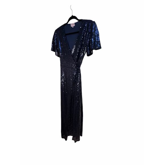 DMFashion Navy Sequin Wrap Maxi Dress Size Small Flutter Sleeve Formal Evening - Picture 7 of 16